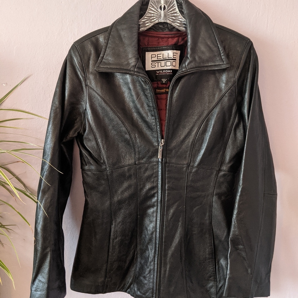 Pelle Studio, black leather jacket, size small